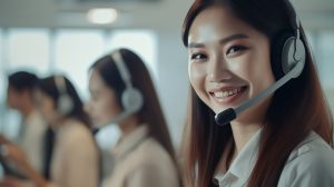 ヘッドセットをしたコールセンターの女性オペレーター