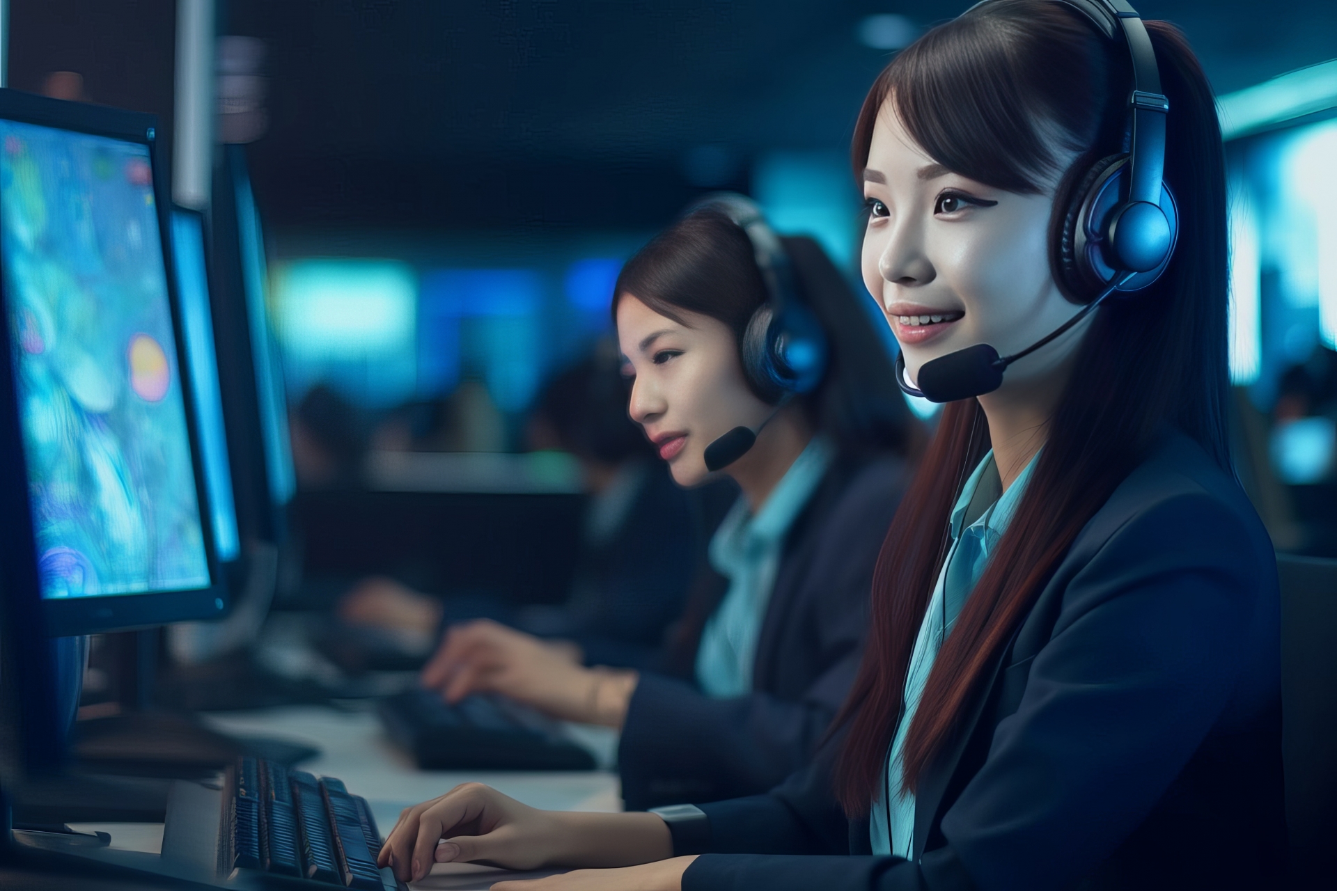 笑顔で電話応対をする女性オペレーター