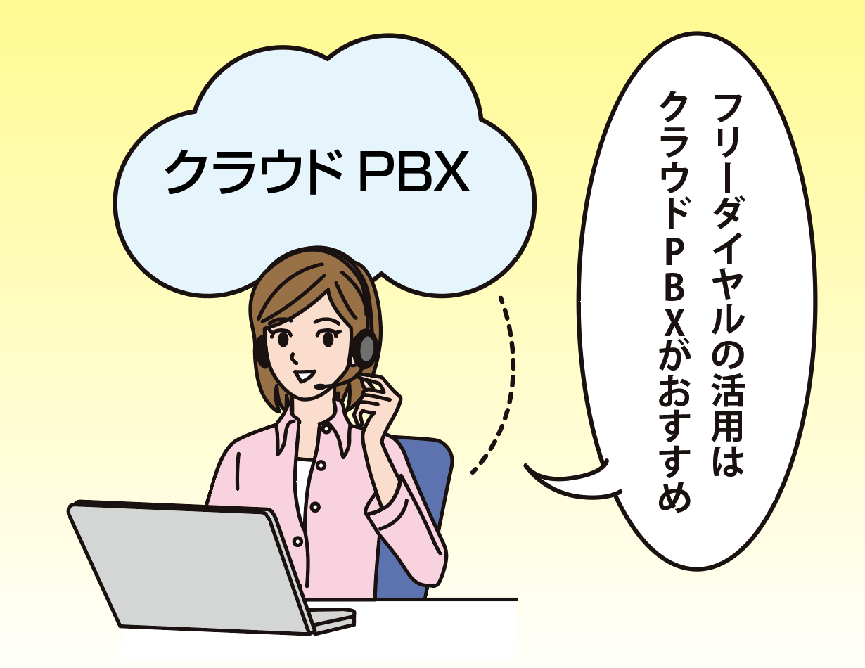 「フリーダイヤルの活用はクラウドPBXがおすすめ」と話しているコールセンターの女性スタッフのイラスト
