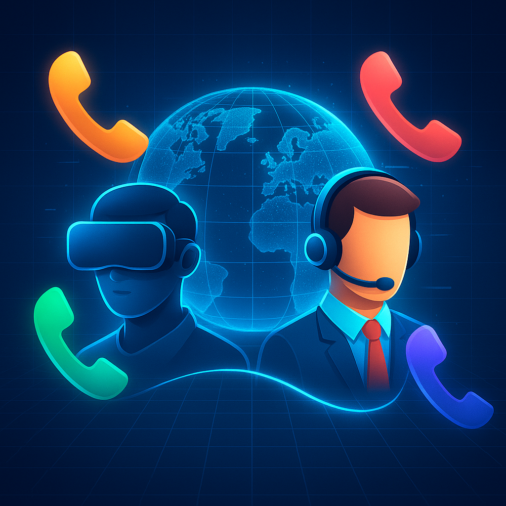 An illustration of a call center operator surrounded by multiple phone icons."