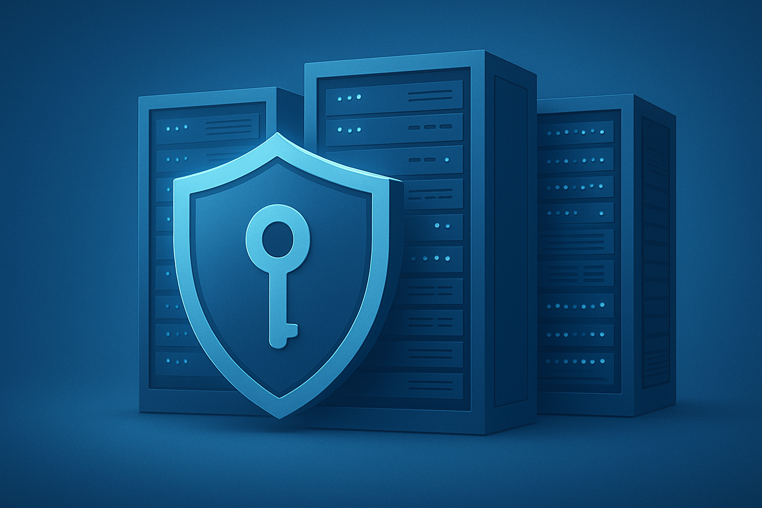 An illustration of a shield symbolizing security and reliability, with a server room.
