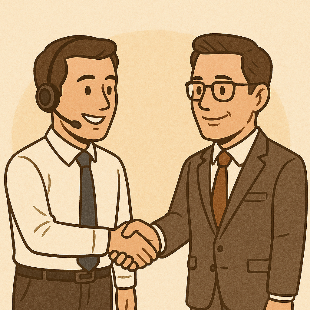 An illustration of a support representative wearing a headset shaking hands with a businessman."