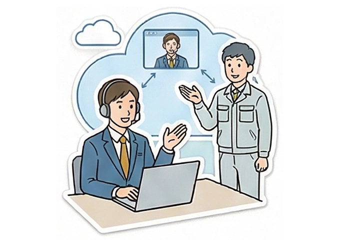 男性オペレーターが場所を気にせずフォローアップコールをしているイラスト