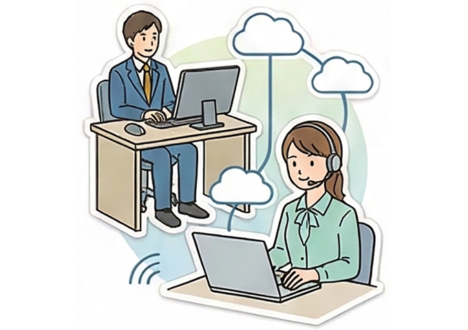 違う拠点で業務を行うスタッフのイラスト