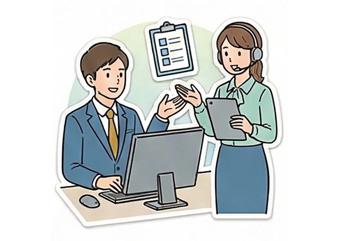 属人化を防ぐため引き継ぎをしているスタッフのイラスト